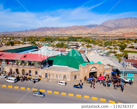 Penjikent central market aerial panoramic view, Tajikistan 119236337