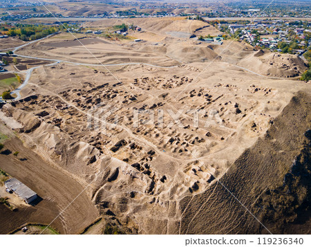 Ancient Penjikent ruins aerial panoramic view, Tajikistan 119236340