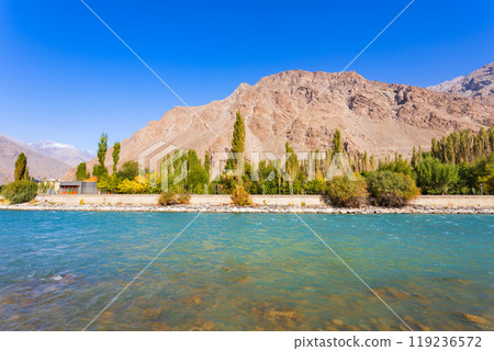 Ghunt river in Khorog city and Pamir mountains, Tajikistan Ghunt river in Khorog city and Pamir mountains, Tajikistan 119236572