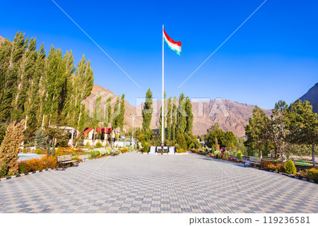 Tajikistan flag at the Ismail Somoni square in Khorog 119236581