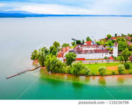 Frauenchiemsee Abbey aerial panoramic view, Bavaria 119236796