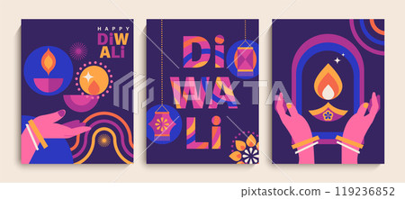 Set Diwali festival flyers with holiday symbols. 119236852