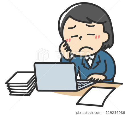 一名婦女拿著一堆文件在電腦前憂心忡忡的插圖 119236986