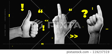 Set of halftone images of hands. Pop art retro style illustration Set of halftone images of hands. Pop art retro style illustration 119237319