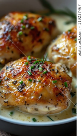 Delicious golden chicken thighs covered in creamy sauce and chives 119237467