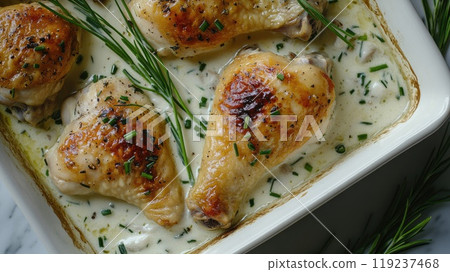 Chicken thighs are cooking in a creamy garlic sauce with chives 119237468