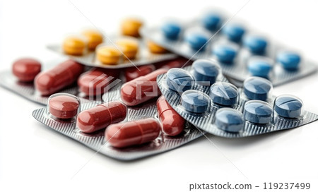 Colorful medical pills laying in blisters on white background 119237499