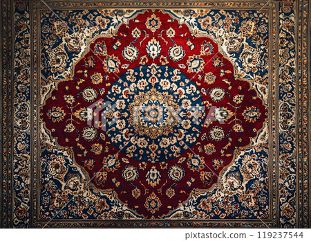 Persian rug with rich geometric patterns and floral accents 119237544