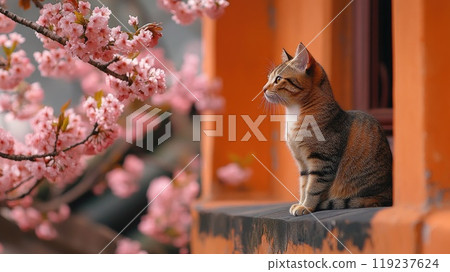 Cat sitting next to cherry blossoms at japanese temple 119237624