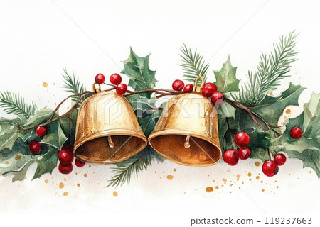 Christmas tree branch with three colorful bells hanging decoration 119237663