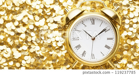Gold alarm clock on a bed of shimmering gold confetti. 119237785