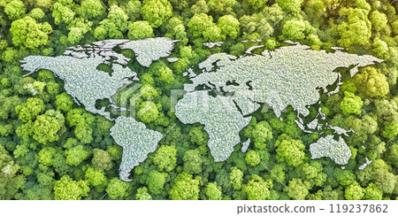 World map formed by green trees, a symbol of nature and sustainability. 119237862