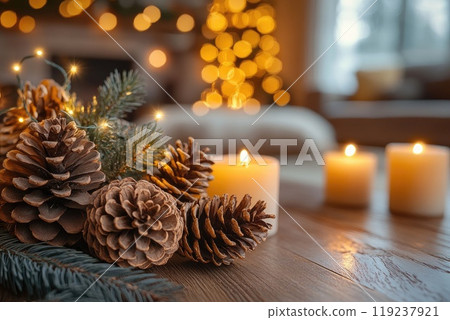 Christmas centerpiece with pine cones and candles illuminating living room Christmas centerpiece with pine cones and candles illuminating living room 119237921
