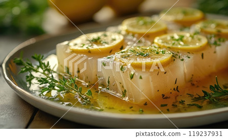 Delicious cod loin cooking in lemon sauce with herbs 119237931