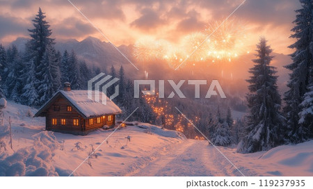 Fireworks exploding above cozy log cabin in snow covered forest 119237935