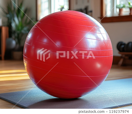 Red fitness ball sitting on exercise mat in gym 119237974
