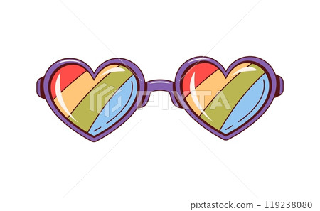 Retro y2k groovy love sunglasses. Isolated vector hippie style eyeglasses with heart shaped frames and rainbow tinted lenses. Funny eyewear embodying the free-spirited essence of funky hippy culture Retro y2k groovy love sunglasses. Isolated vector hippie style eyeglasses with heart shaped frames and rainbow tinted lenses. Funny eyewear embodying the free-spirited essence of funky hippy culture 119238080