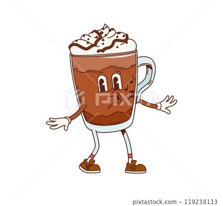 Retro groovy hot chocolate dessert character. Isolated cartoon vector transparent glass mug or cup personage singing with musical notes around, topped with whipped cream, and wearing brown sneakers Retro groovy hot chocolate dessert character. Isolated cartoon vector transparent glass mug or cup personage singing with musical notes around, topped with whipped cream, and wearing brown sneakers 119238113