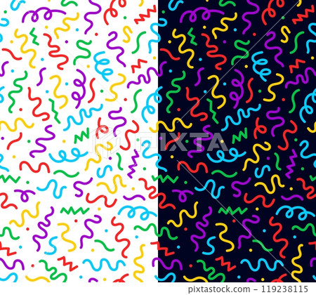 Color kids squiggle line patterns of abstract doodle scribbles, vector backgrounds. Squiggle line patterns with colorful scribble swirls, wavy confetti twirls or color dots for kids holiday background 119238115