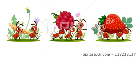 Cartoon ants carrying food to anthill through green grass field and flowers. Funny brown ants insect vector characters with happy smiling faces carrying wheat ear, strawberry and raspberry fruits 119238137