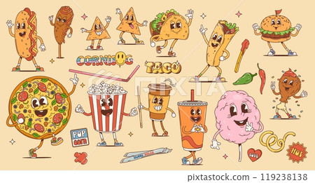 Fast food cartoon retro groovy characters, funky burgers and pizza, vector personages. Happy groovy taco with popcorn and cheeseburger, hot dog and taco with coffee in 70s hippie or hipster groovy art Fast food cartoon retro groovy characters, funky burgers and pizza, vector personages. Happy groovy taco with popcorn and cheeseburger, hot dog and taco with coffee in 70s hippie or hipster groovy art 119238138