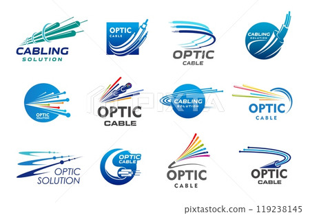 Fiber optic cable icons, internet network and telecommunication technology. Vector broadband fibre optical cable or multi fiber wire for high speed data connection symbols, computer electronics themes 119238145