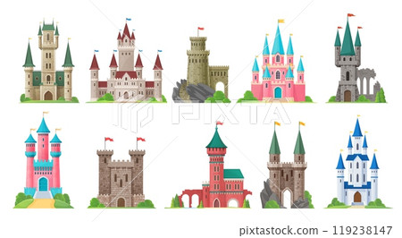 Cartoon kingdom palace castle, fairytale fortress vector buildings with flags, towers and color stone walls. Fantasy houses set of fairy tale princess palace, royal castle and medieval king fortress 119238147