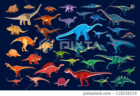 Prehistoric dinosaurs and reptiles cartoon characters. Cute color jurassic dino animals vector background with triceratops, lotosaurus, glyptodon. Extinct carnotaurus, raptor and archelon dinosaurs 119238154
