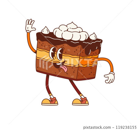 Retro groovy chocolate cake dessert character waving hand. Isolated cartoon vector personage with layered body, topped with whipped cream. delectable and fun slice of cake with big smile and sneakers 119238155