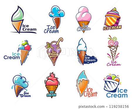 Ice cream symbols, gelato dessert, waffle cones, sundae scoops and soft serve cups vector icons. Sweet summer dessert food isolated signs set of vanilla, chocolate and fruit flavored ice cream 119238156