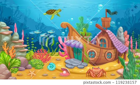 Underwater game landscape with sunken boat house and undersea fishes, vector cartoon background. Sea or ocean coral reef underwater landscape with sunken ship house, turtle and crab for game level 119238157