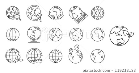 World globe or planet line icons with leaf, location pin and plane, vector outline symbols. Planet earth in hands for environment conservation, airline travel or internet global search magnifier icon World globe or planet line icons with leaf, location pin and plane, vector outline symbols. Planet earth in hands for environment conservation, airline travel or internet global search magnifier icon 119238158