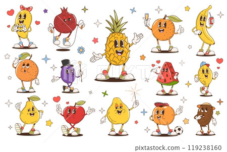 Retro cartoon groovy fruit characters. Vector cute apple, banana, peach and orange personages, funny berry food emojis. Trendy psychedelic pineapple, lemon, kiwi and pear groovy fruit emoticons Retro cartoon groovy fruit characters. Vector cute apple, banana, peach and orange personages, funny berry food emojis. Trendy psychedelic pineapple, lemon, kiwi and pear groovy fruit emoticons 119238160