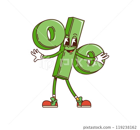 Cartoon percent sign retro groovy finance character. Isolated vector green percentage symbol with expressive eyes and outstretched arms, wears shoes with white gloves, friendly and welcoming personage 119238162
