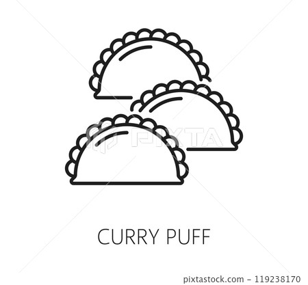 Curry puff Singapore travel vacation icon. Vector sign of well-loved, traditional Singaporean street food or snack filled with spiced curry. Asian cuisine, cultural delicacies and southeast culinary Curry puff Singapore travel vacation icon. Vector sign of well-loved, traditional Singaporean street food or snack filled with spiced curry. Asian cuisine, cultural delicacies and southeast culinary 119238170