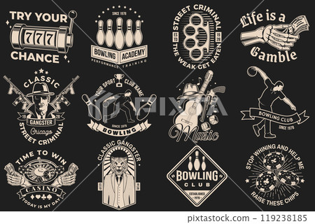 Set of bowling, gangster club and casino badge design. Vector illustration. Vintage monochrome label, sticker, patch with gangster, bowling and casino games silhouettes. Set of bowling, gangster club and casino badge design. Vector illustration. Vintage monochrome label, sticker, patch with gangster, bowling and casino games silhouettes. 119238185
