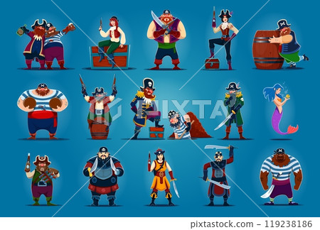 Cartoon pirate and corsair characters with captain hats, guns and bandanas. Funny vector personages of pirate girls, sailors, captains and mermaid with black eye patches, skulls and crossbones Cartoon pirate and corsair characters with captain hats, guns and bandanas. Funny vector personages of pirate girls, sailors, captains and mermaid with black eye patches, skulls and crossbones 119238186