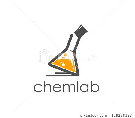 Science lab icon for scientific chemical laboratory with beaker or flask containing an orange liquid with bubbles. Isolated vector emblem or label representing chemistry and scientific research 119238188