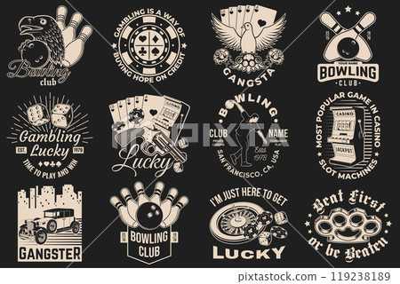 Set of bowling, gangster club and casino badge design. Vector illustration. Vintage monochrome label, sticker, patch with gangster, bowling and casino games silhouettes. 119238189