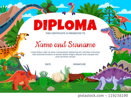 Kids diploma with funny cartoon prehistoric dinosaur characters, vector certificate template. School education diploma or kindergarten appreciation award certificate with funny dino in Jurassic park Kids diploma with funny cartoon prehistoric dinosaur characters, vector certificate template. School education diploma or kindergarten appreciation award certificate with funny dino in Jurassic park 119238190