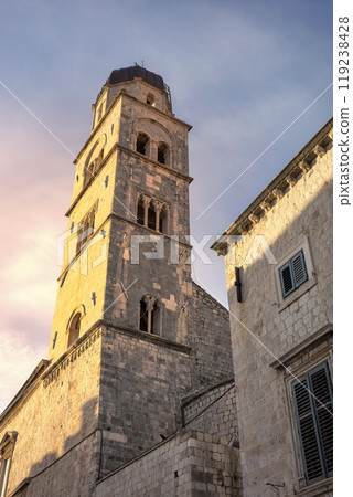 Franciscan Church tower in the old town of Dubrovnik at sunset, Croatia. 119238428