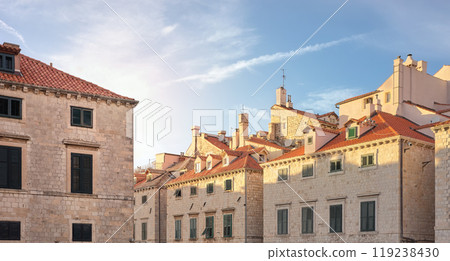 Buildings in the old town of Dubrovnik at sunset, Croatia. 119238430
