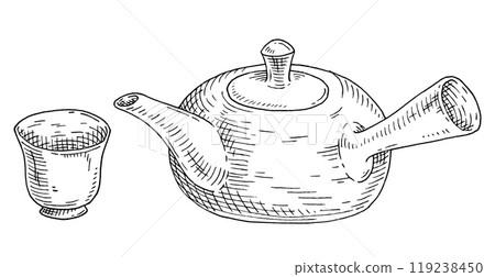 Asian ceramic teapot and cup. Vintage vector engrave black. Isolated on white 119238450