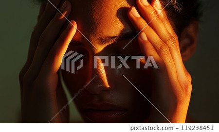 Young woman is suffering from a headache or anxiety, closing her eyes and gently touching her forehead with her hands 119238451