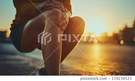 Woman holding her knee in pain after a workout at sunset in the city, highlighting an active lifestyle and health 119238523