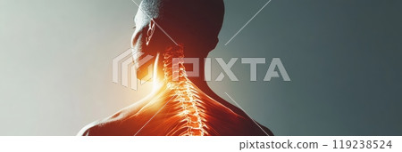 Man is showing a painful neck and back area with his spine highlighted, showing a possible injury. This image can be used to represent medical issues 119238524