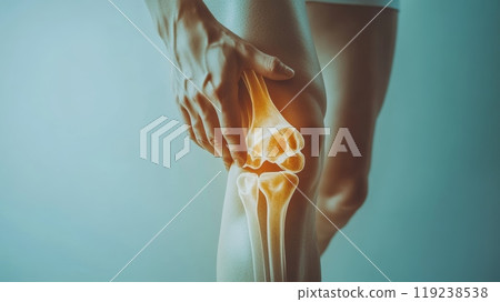 Woman holding her knee experiencing pain, with an x ray effect highlighting her joints. This image can be used to represent medical conditions such as arthritis Woman holding her knee experiencing pain, with an x ray effect highlighting her joints. This image can be used to represent medical conditions such as arthritis 119238538