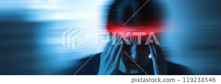 Woman in distress, clutching head from severe migraine, showing symptoms like headache, dizziness, vertigo, and nausea, highlighting importance of prompt healthcare Woman in distress, clutching head from severe migraine, showing symptoms like headache, dizziness, vertigo, and nausea, highlighting importance of prompt healthcare 119238546