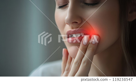 Young woman is experiencing a severe toothache, her face expressing discomfort and pain as she touches the affected area 119238547
