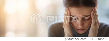 Young woman is touching her temples, her eyes are closed because of the intense pain. She is trying to relieve the symptoms of her headache 119238548